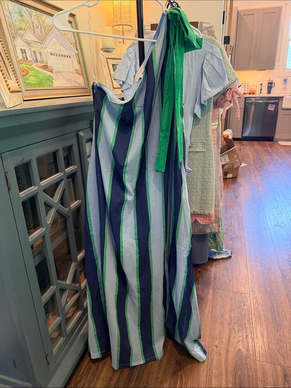 entro Striped Navy, Light Blue and Green Asymmetrical Dress - Picture 2 of 2